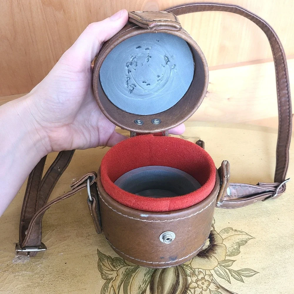 Vintage Brown Leather Camera Lens Carrying Case Adjustable Strap Retro Academia